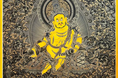 编号188-140229：黑金唐卡-黄财神·五方财神（100*70CM左右）