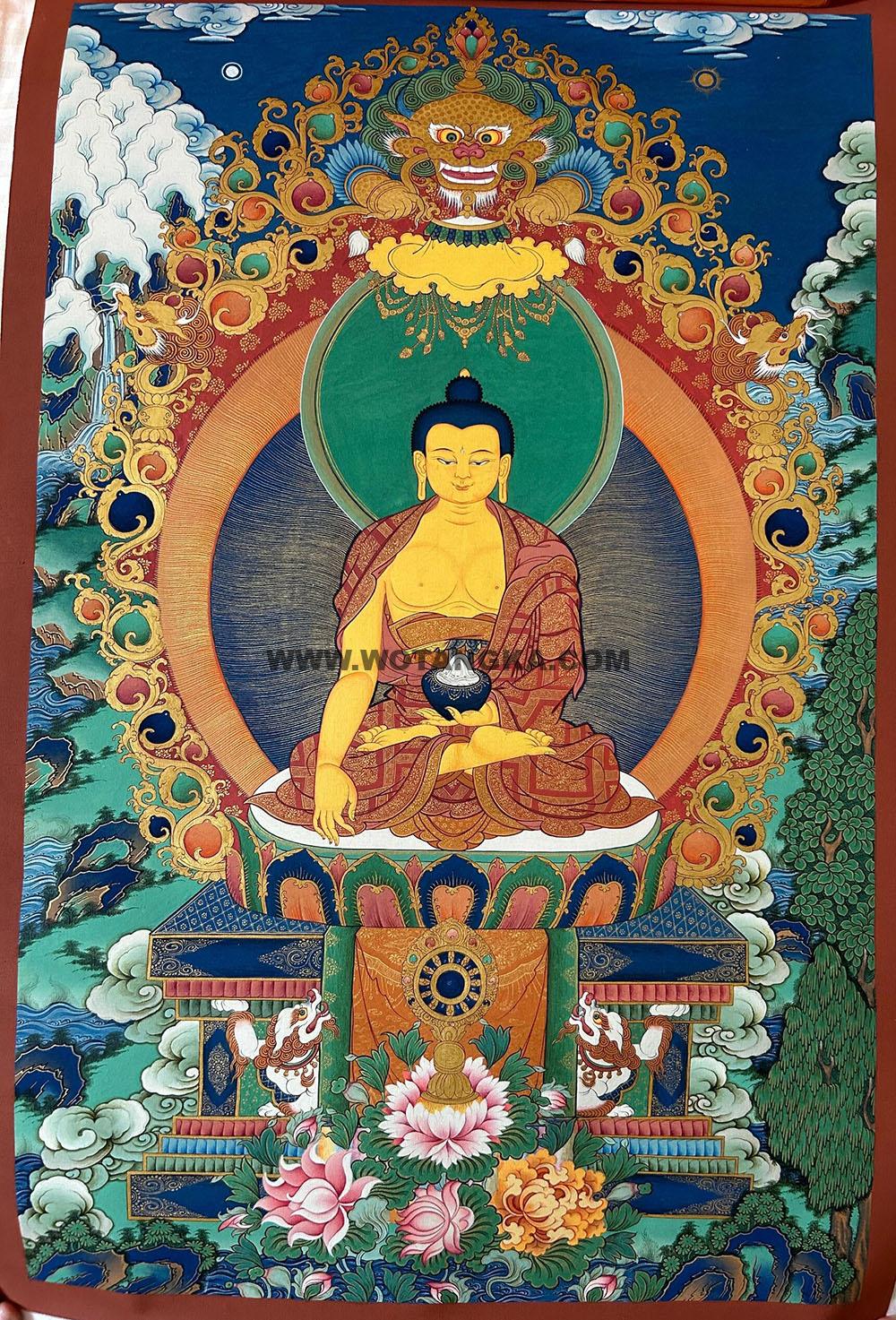 |已结缘·可定制|唐卡寄卖编号:JM·188-777186-释迦牟尼佛双狮亚字宝座吉祥如意供养图(彩唐)