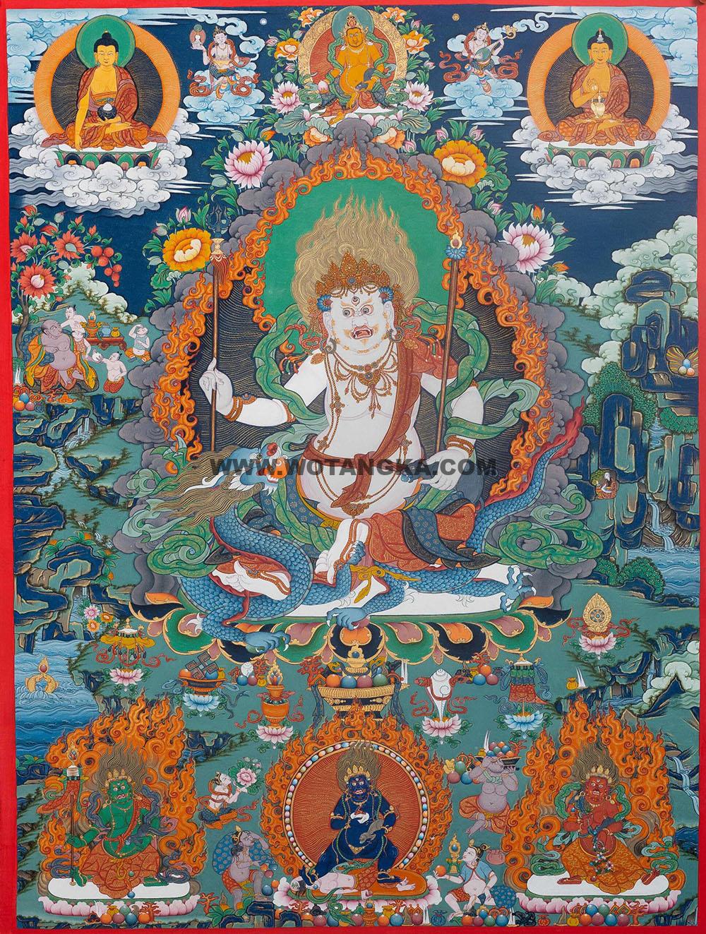 |已结缘·可定制|唐卡寄卖编号:JM·188-961506-白财神五色财神众天界二佛智慧吉祥财富供养图(彩唐)