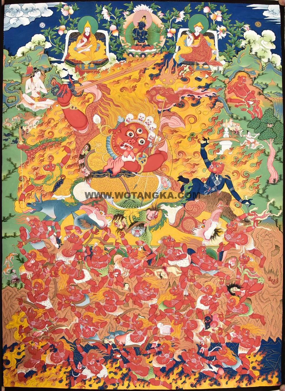 |已结缘·可定制|唐卡寄卖编号:JM·188-995859-大红司命主金刚持化现三上师红魔众大本尊供养图(彩唐)