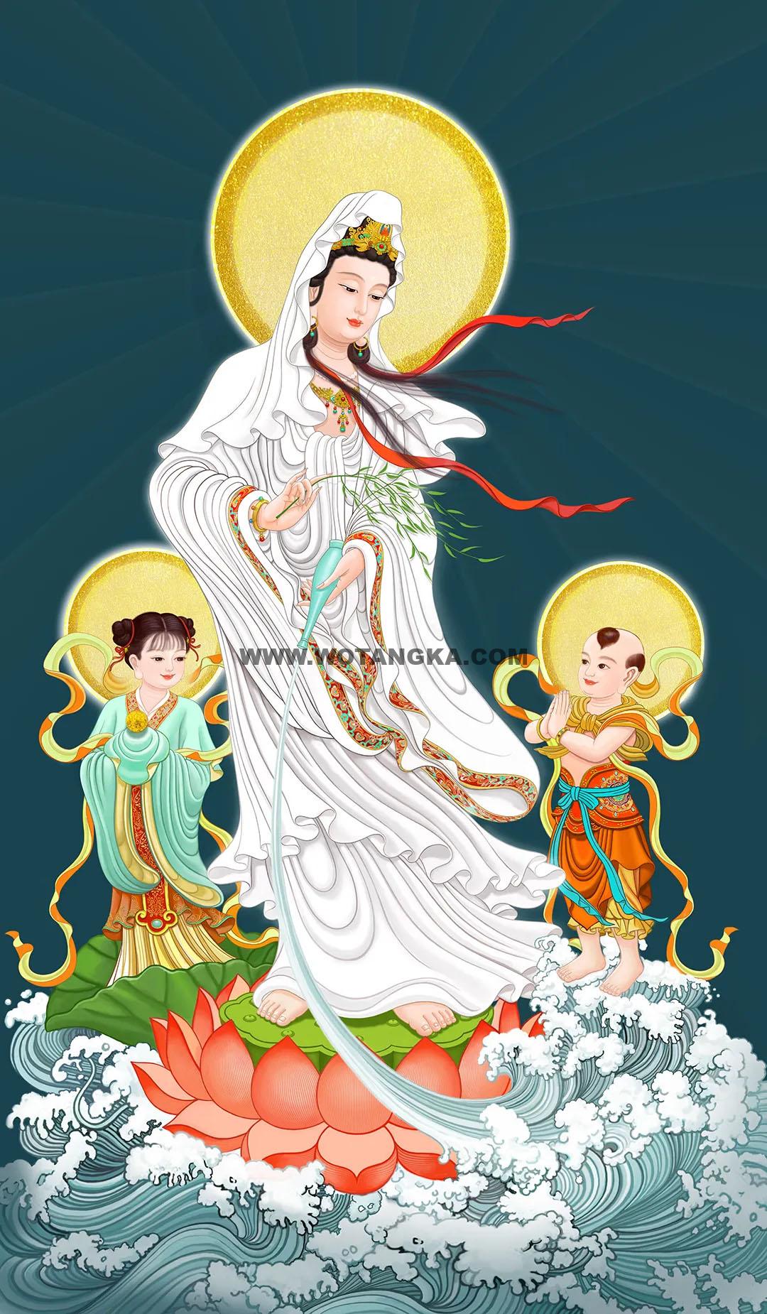 沃唐卡编号AC87392:观音菩萨与龙女善财童子