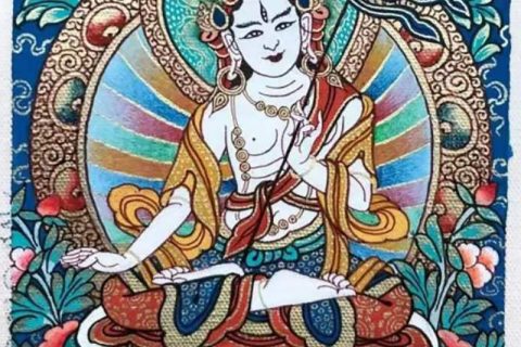 编号118-1736396：彩绘小唐卡-大白伞盖佛母（长方形·5*4CM左右）