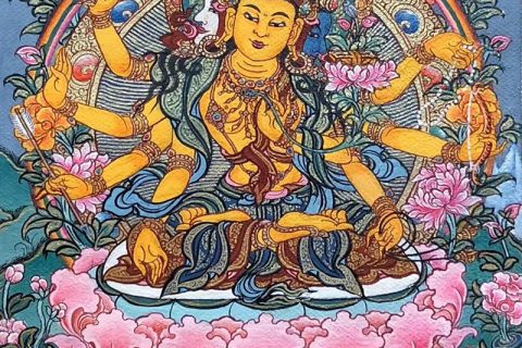 编号118-2894799：彩绘小唐卡-四面八臂文殊菩萨（长方形·8*6CM左右）