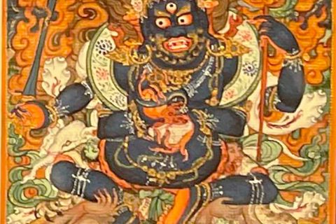 编号118-3745344：彩绘小唐卡-四臂玛哈嘎拉（长方形·7*5CM左右）