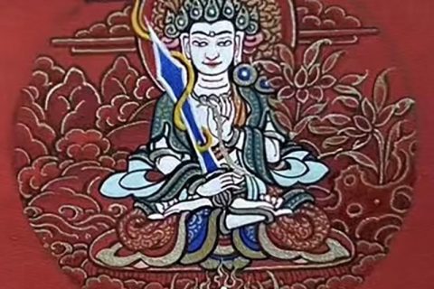 编号118-5823044：红金小唐卡-虚空藏菩萨（圆形·直径3.5CM左右）