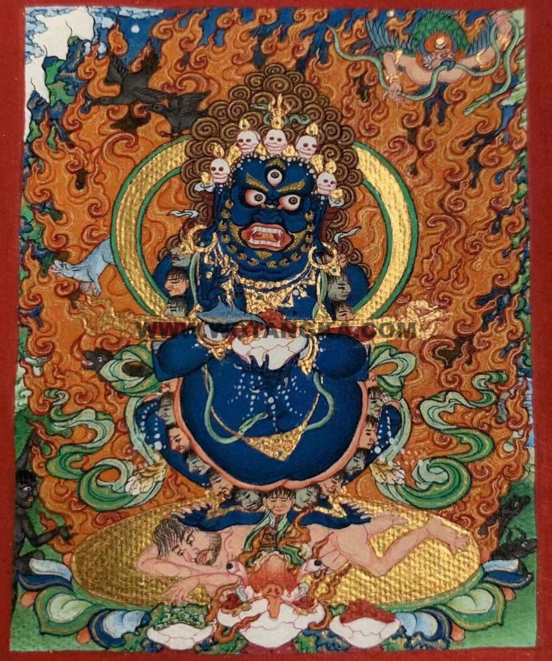 编号118-6577622：彩绘小唐卡-红棒玛哈嘎拉（长方形·5*4CM左右）