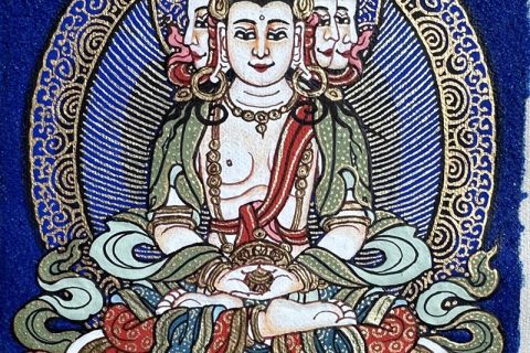 编号118-6603690：蓝金小唐卡-四面大日如来（长方形·5*4CM左右）