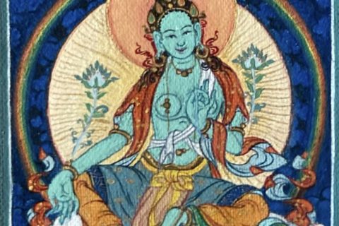 编号118-6841231：蓝金小唐卡-绿度母（长方形·5*4CM左右）