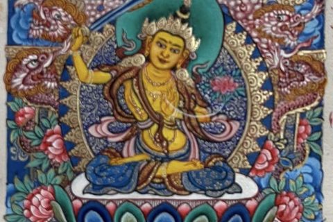 编号118-7402083：彩绘小唐卡-文殊菩萨（长方形·5*4CM左右）