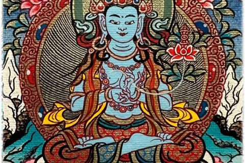 编号118-8226357：彩绘小唐卡-金刚手菩萨·寂静相（长方形·5*4CM左右）