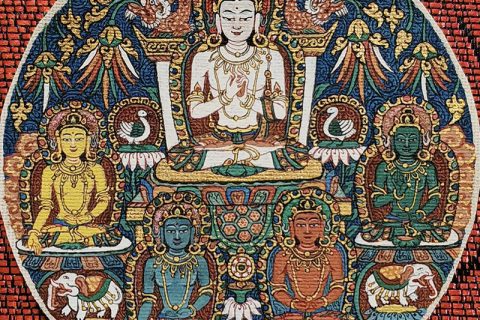 编号118-8703358：彩绘小唐卡-五方佛（圆形·直径3.5CM左右）