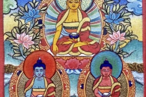 编号118-9088046：彩绘小唐卡-释迦牟尼佛·三世佛（长方形·5*4CM左右）