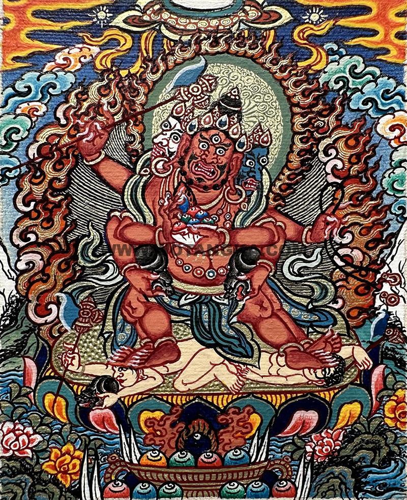 编号118-9138798：彩绘小唐卡-三面六臂红财神（长方形·5*4CM左右）