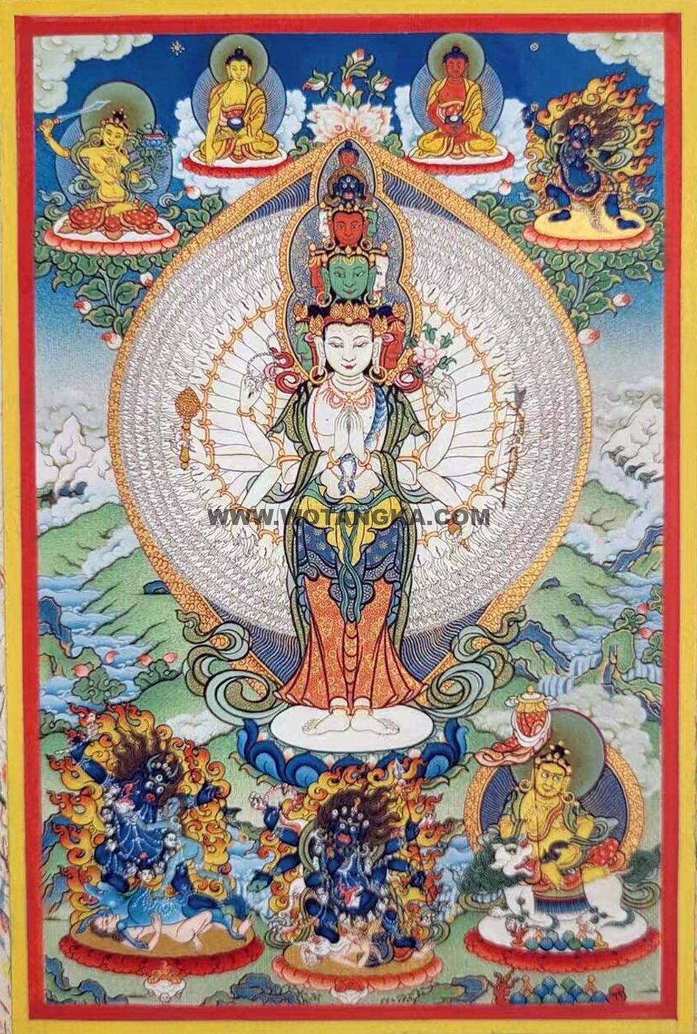 热贡-尼玛次仁·画院:彩绘唐卡-千手观音·三怙主(15*10CM左右)