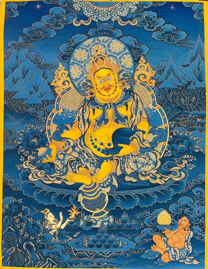 热贡-尼玛次仁·画院：蓝金唐卡-黄财神（60*45CM左右） | 沃唐卡www