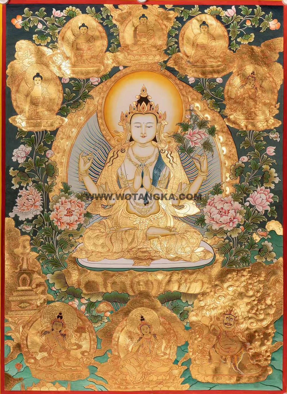 |已结缘·可定制|唐卡寄卖编号:JM·188-194000-四臂观音三怙主天界五佛彩金花纹吉祥平安供养图(金唐)