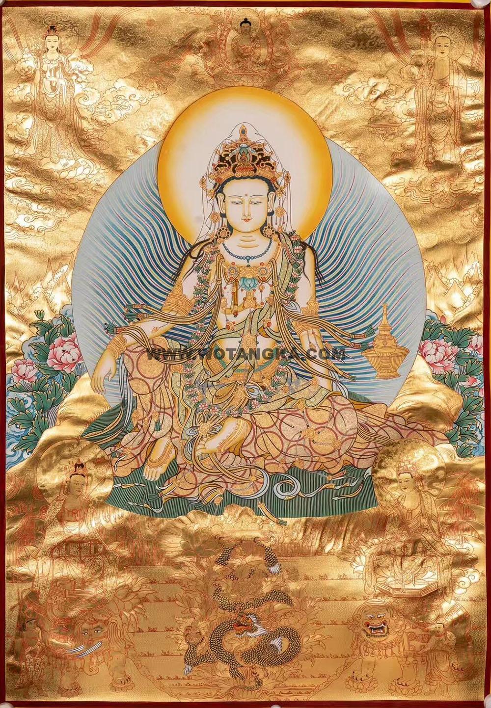 |已结缘·可定制|唐卡寄卖编号:JM·188-194786-水月观音天界三圣二胁侍菩萨吉祥平安供养图(金唐)