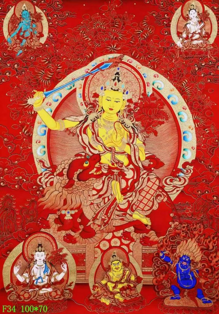 编号138-403693：红金唐卡-文殊菩萨·三怙主（100*70CM左右）