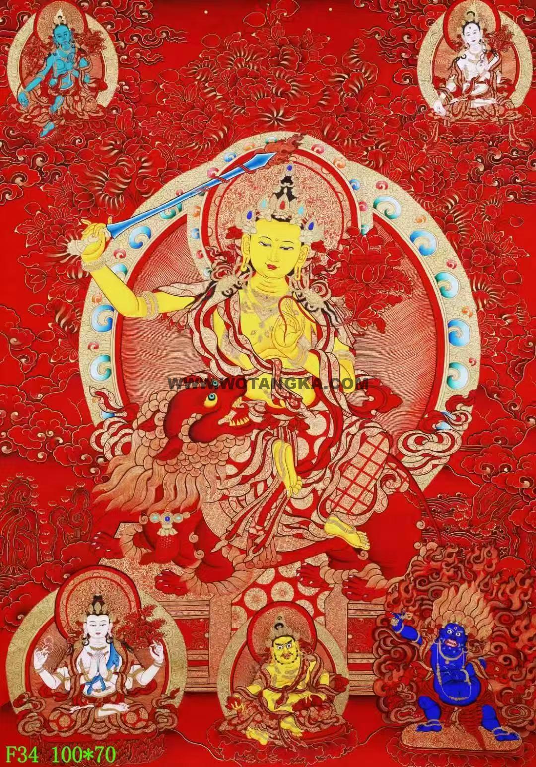 编号138-403693:红金唐卡-文殊菩萨·三怙主(100*70CM左右)