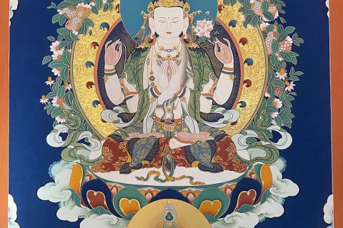 ｜已结缘·可定制｜唐卡寄卖编号：JM·188-335383-四臂观音金轮宝如意花环吉祥平安供养图（彩唐）