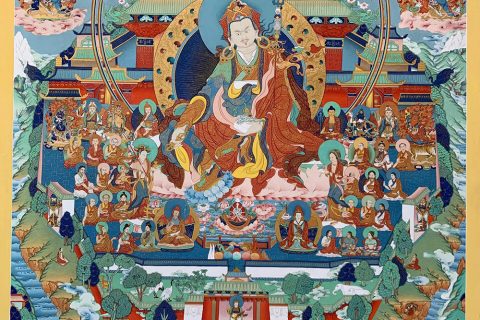 编号188-340914：彩绘唐卡-莲花生大士·铜色吉祥山净土（130*100CM左右）