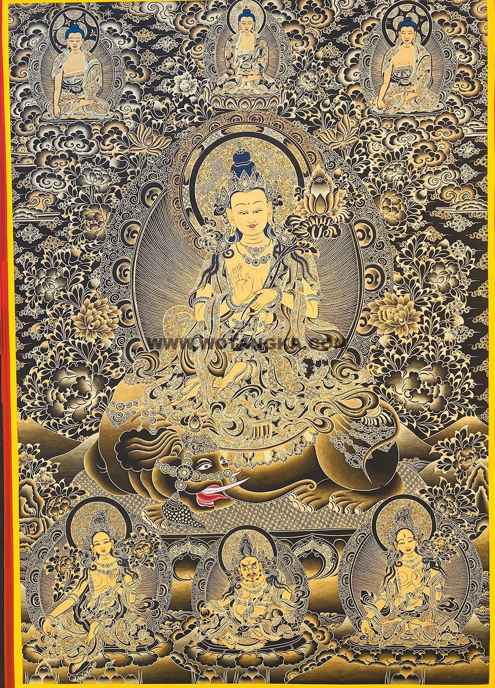 |已结缘·可定制|唐卡寄卖编号:JM·188-363992-普贤菩萨天界三世佛二度母吉祥财富供养图(黑唐)