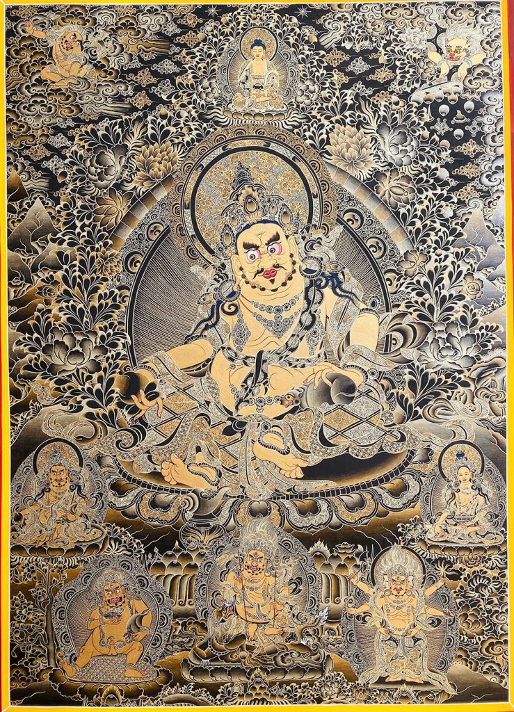 ｜已结缘·可定制｜唐卡寄卖编号：JM·188-365992-黄财神五色财神众天界阿弥陀佛如愿财富供养图（黑唐）