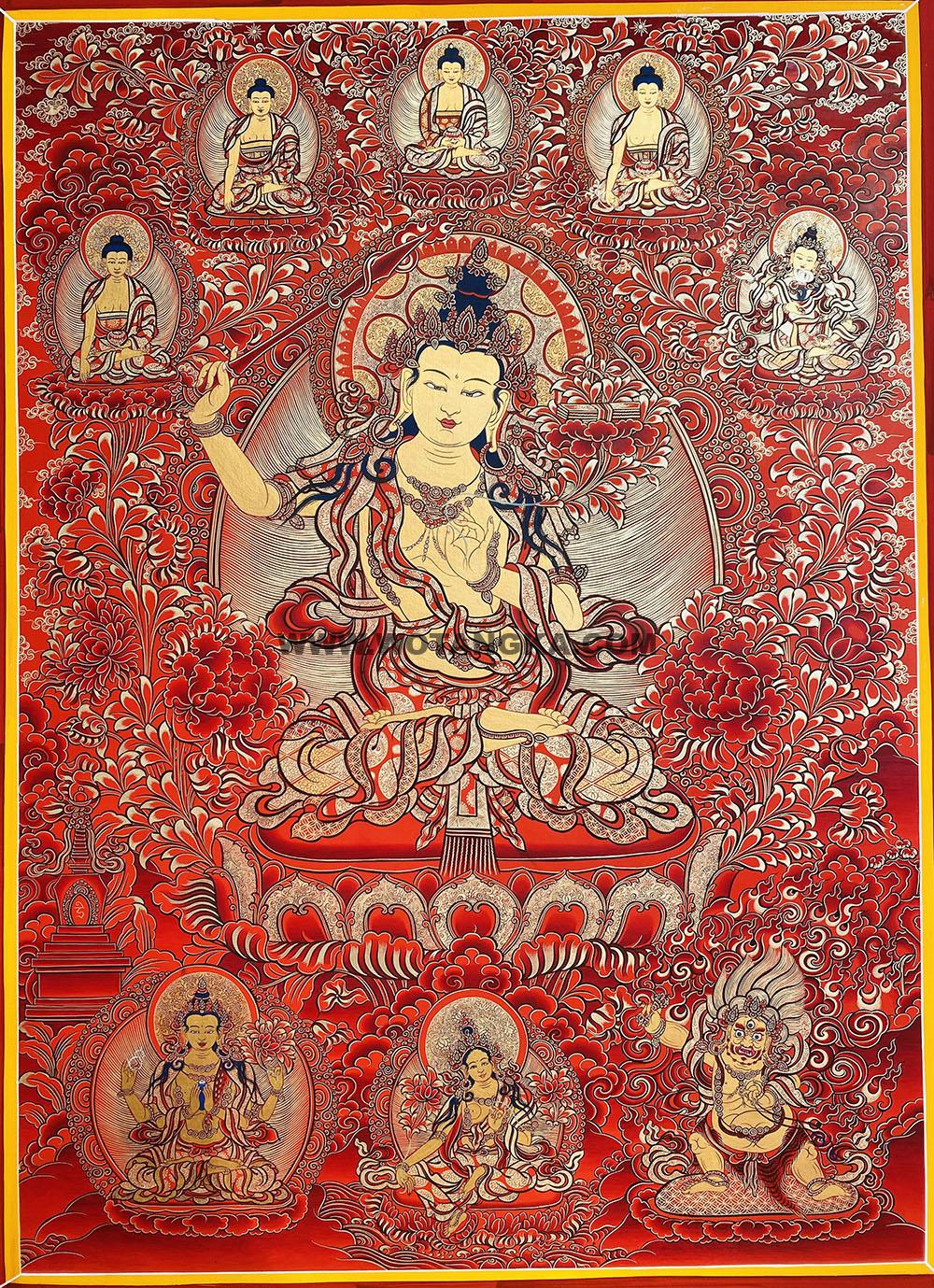编号188-370780:红金唐卡-文殊菩萨·三怙主(100*70CM左右)
