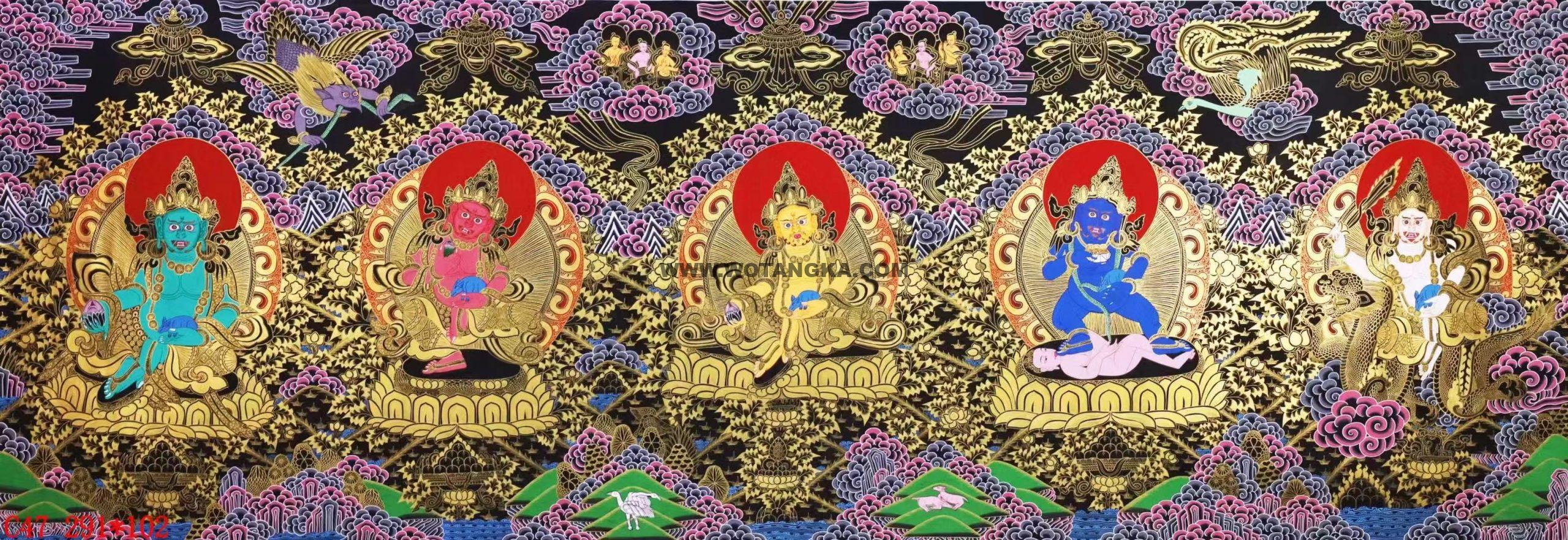 编号138-540054:彩绘唐卡-黄财神·五方财神(102*291CM左右)