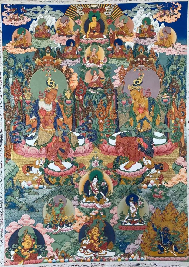 编号188-460666：彩绘唐卡-文殊菩萨与弥勒菩萨对坐图（120*90CM左右）