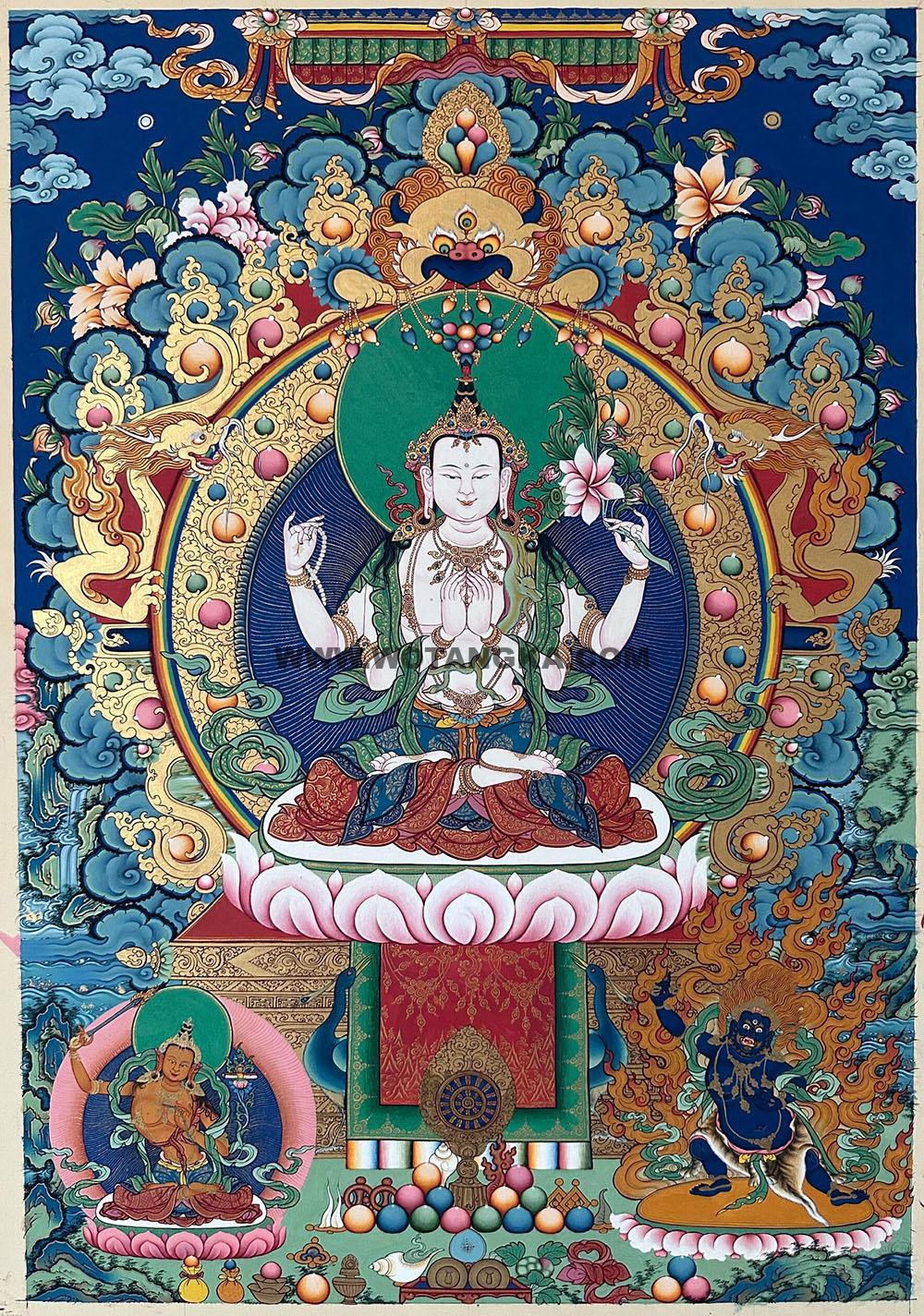 编号188-474072:彩绘唐卡-四臂观音·三怙主(70*50CM左右)