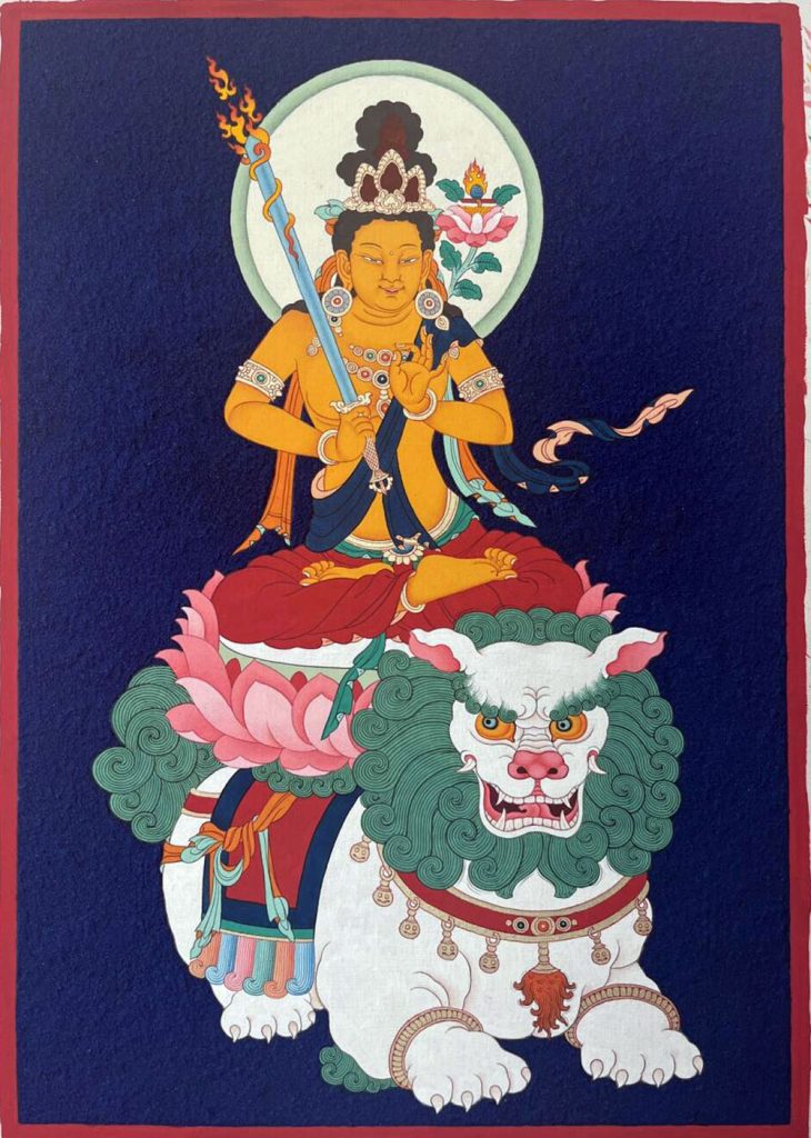 编号188-489678：彩绘唐卡-骑狮文殊菩萨（25*15CM左右）