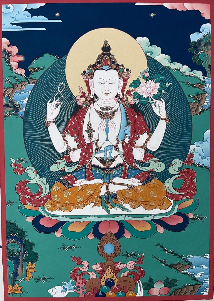 ｜已结缘·可定制｜唐卡寄卖编号：JM·188-507514-四臂观音财富摩尼宝吉祥平安供养图（彩唐）