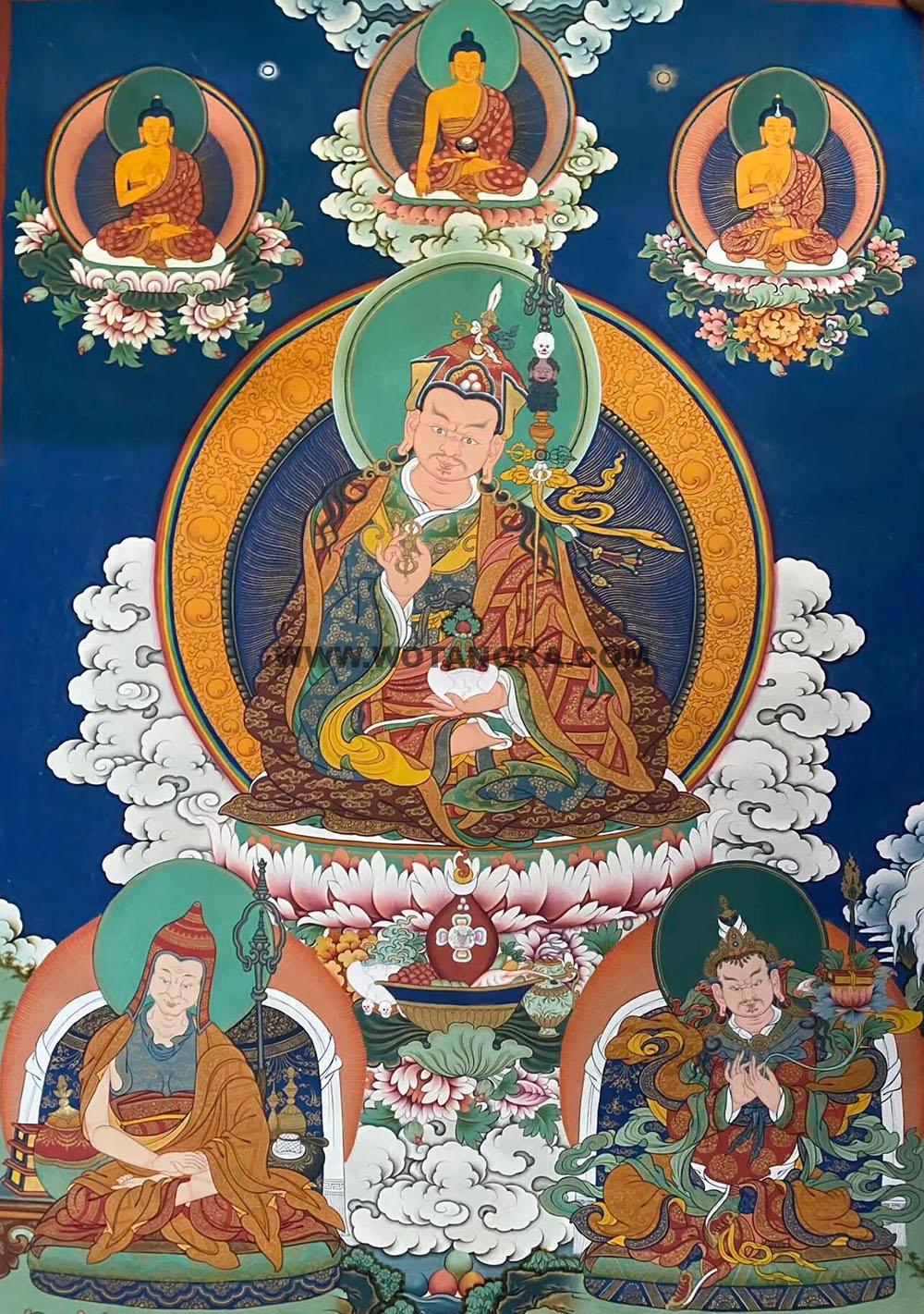 |已结缘·可定制|唐卡寄卖编号:JM·188-521203-莲花生大士吉祥海师君三尊天界三世佛吉祥本尊供养图(彩唐)