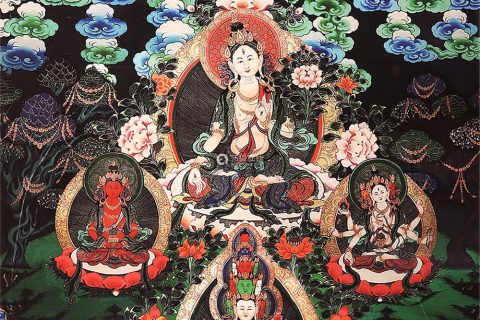 沃唐卡编号AC47165：白度母长寿三尊