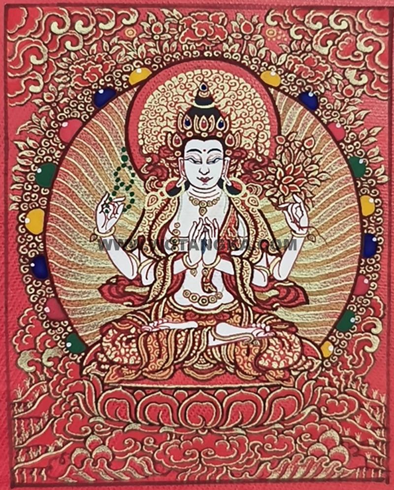 编号118-3096767：红金小唐卡-四臂观音（长方形·5*4CM左右）