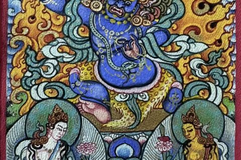 编号118-5574332：彩绘小唐卡-金刚手菩萨·雪域三怙主（长方形·5*4CM左右）