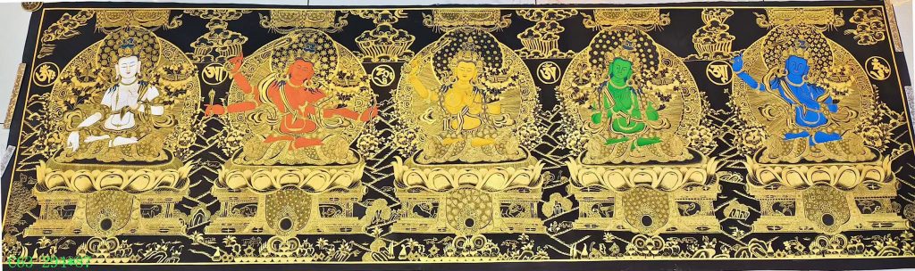 编号138-553553：黑金唐卡-文殊菩萨·五部文殊（87*291CM左右）