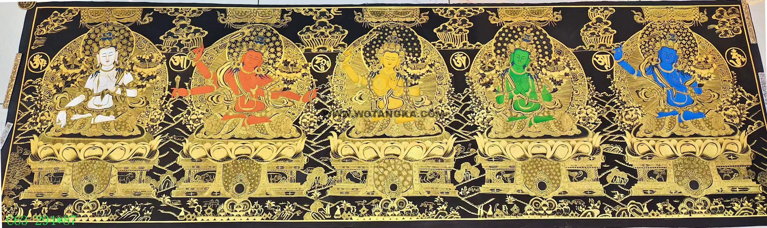 编号138-553553:黑金唐卡-文殊菩萨·五部文殊(87*291CM左右)
