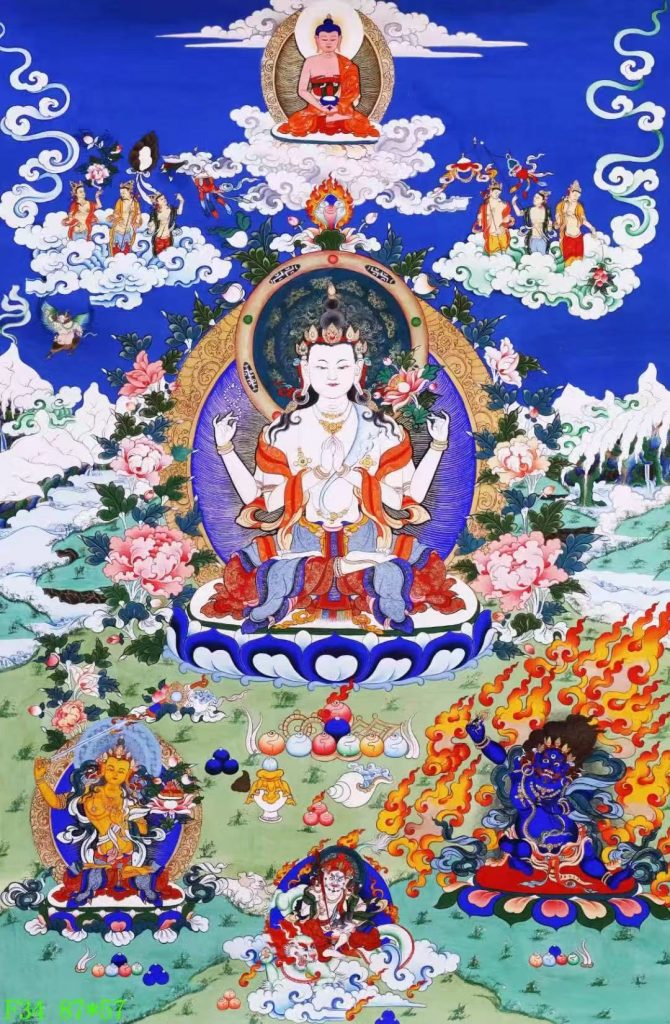 编号138-554869：彩绘唐卡-四臂观音·三怙主（87*57CM左右）