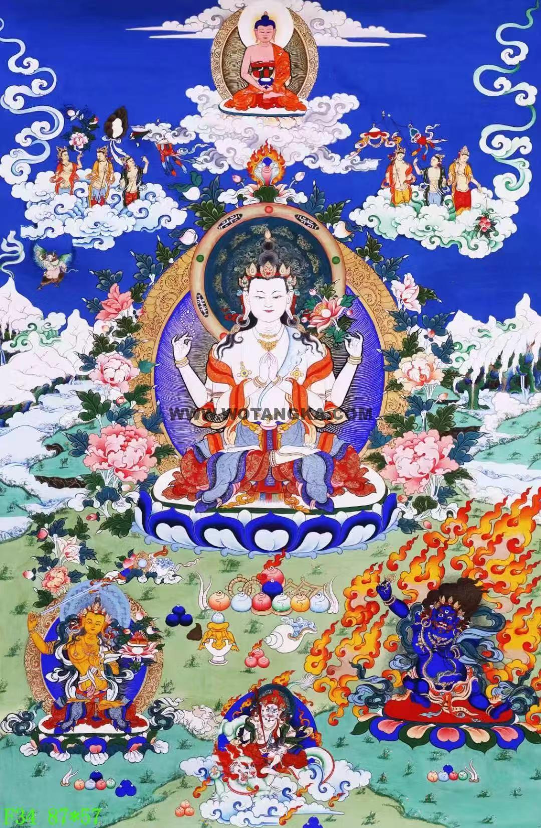编号138-554869:彩绘唐卡-四臂观音·三怙主(87*57CM左右)