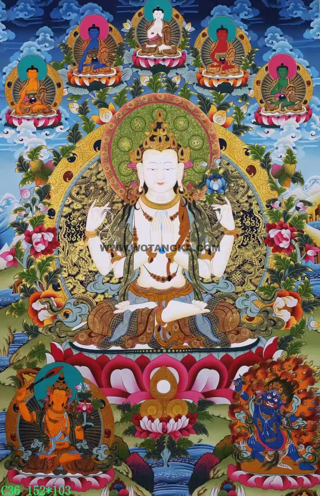 编号138-600878:彩绘唐卡-四臂观音·三怙主(152*103CM左右)