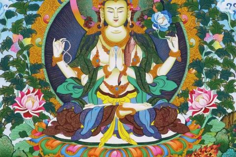 编号138-617613：彩绘唐卡-四臂观音·三怙主（75*54CM左右）