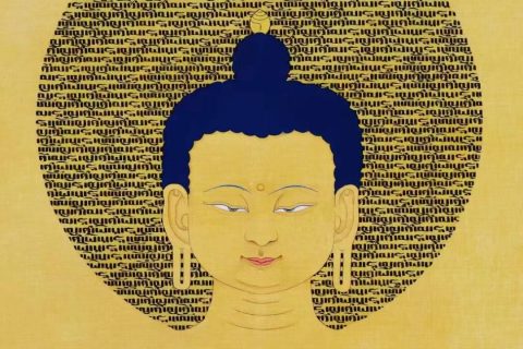 编号138-631028：彩绘唐卡-释迦牟尼佛·经文佛影（63*42CM左右）