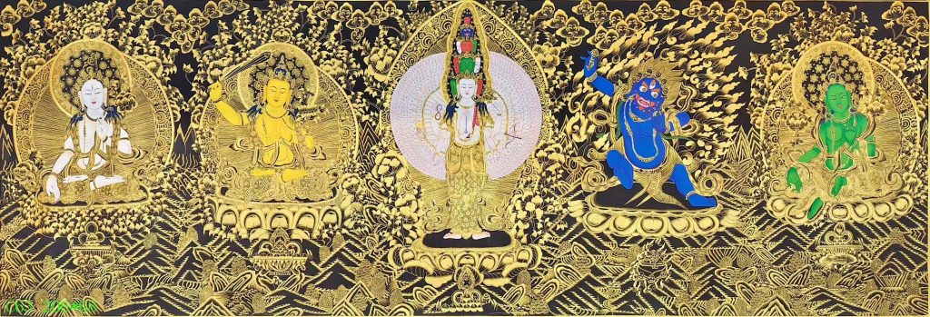编号138-646272：黑金唐卡-千手观音·三怙主（66*208CM左右）