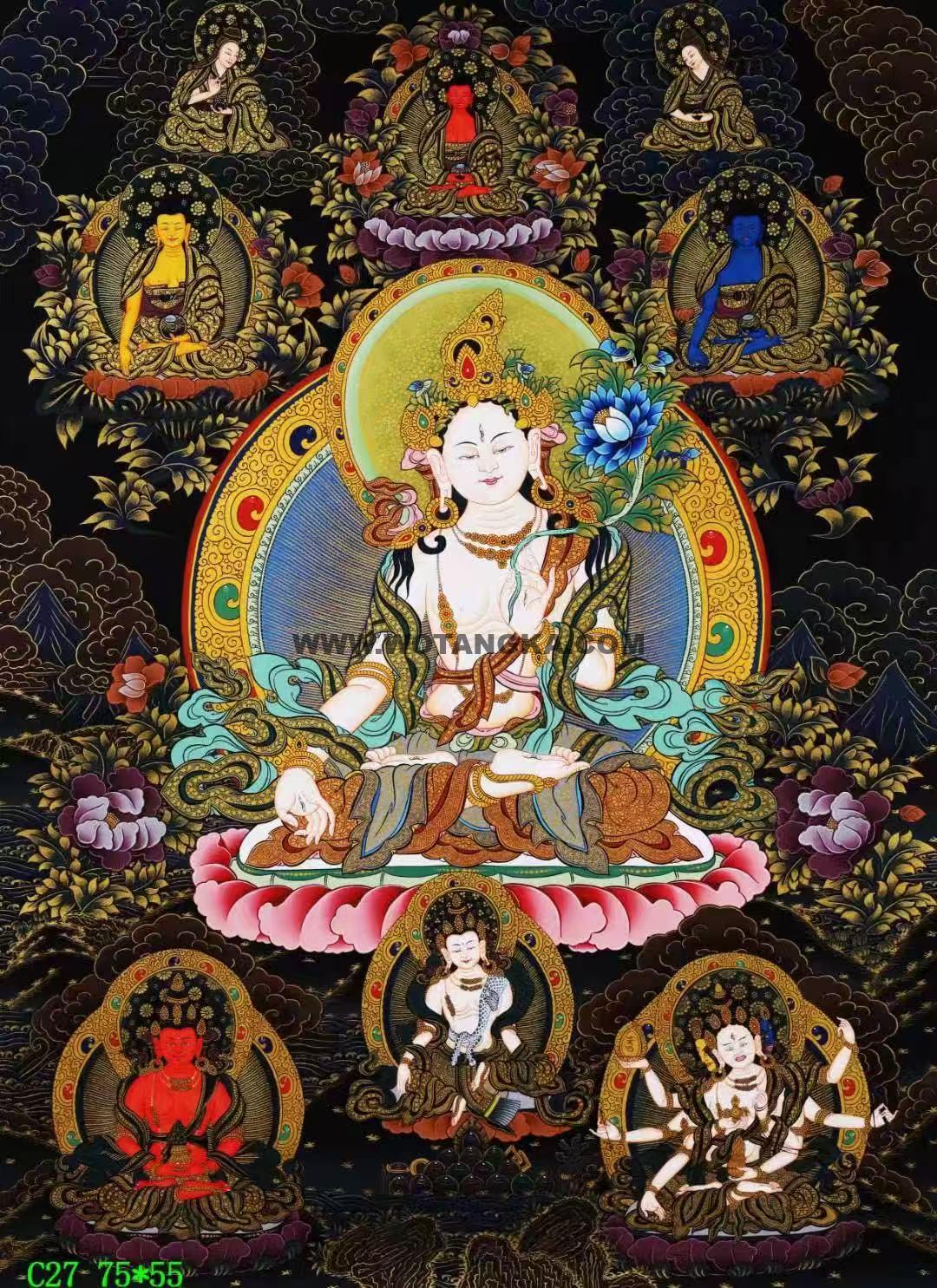 编号138-666428：黑金唐卡-白度母·长寿三尊（75*55CM左右）