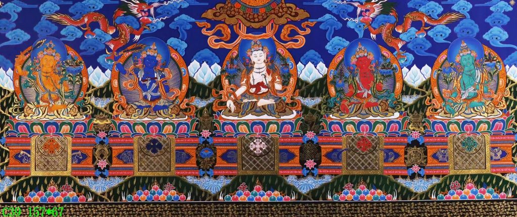 编号138-778093：彩绘唐卡-文殊菩萨·五部文殊（67*157CM左右）