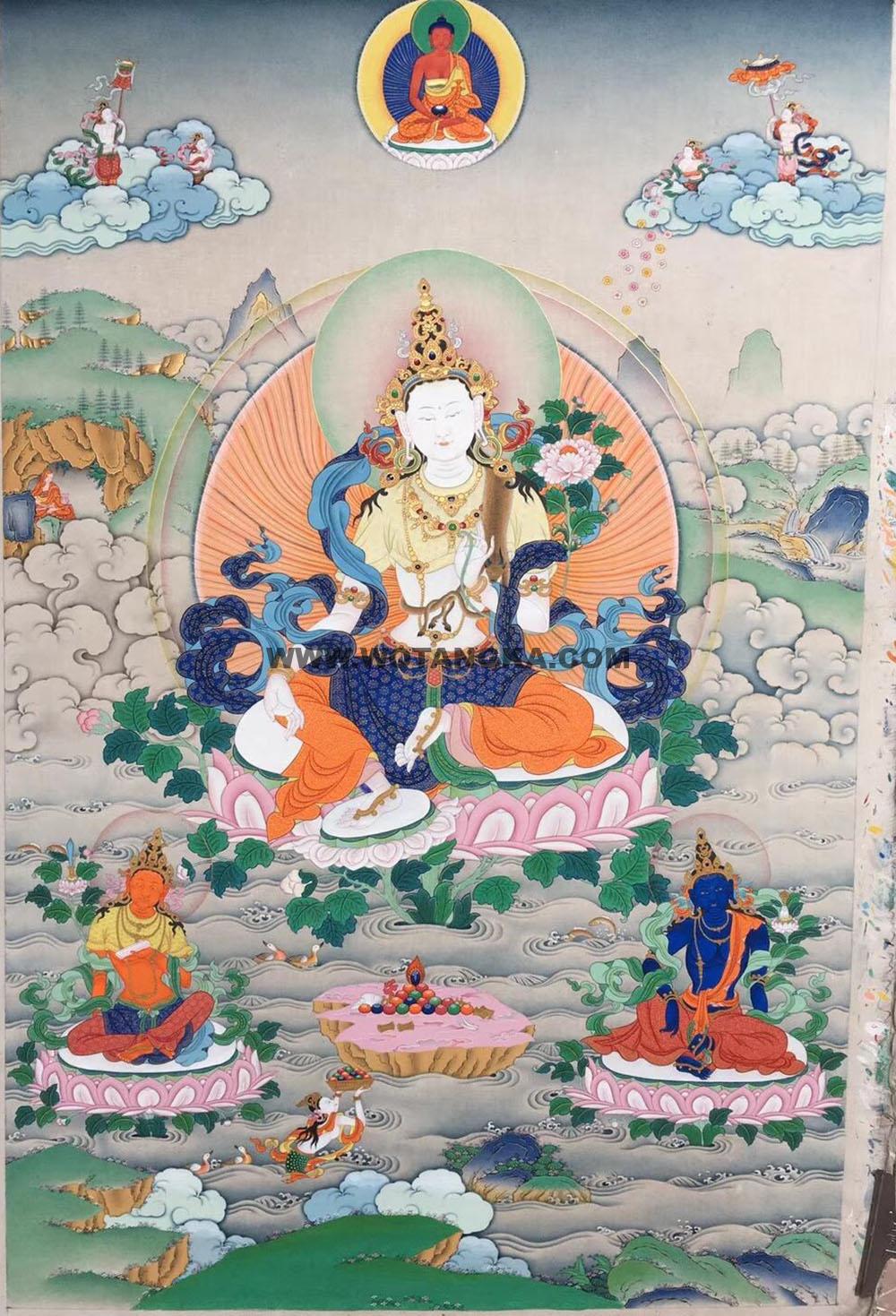 |已结缘·可定制|唐卡寄卖编号:JM·189-104038-观世音菩萨雪域三怙主龙女献宝阿弥陀佛化现吉祥供养图(彩唐)