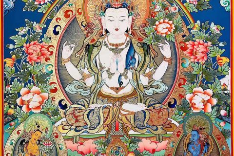 编号189-223530：彩绘唐卡-四臂观音·三怙主（80*60CM左右）