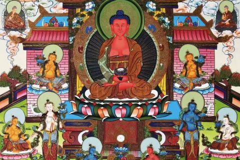 编号138-999390：彩绘唐卡-阿弥陀佛·极乐净土（61*43CM左右）